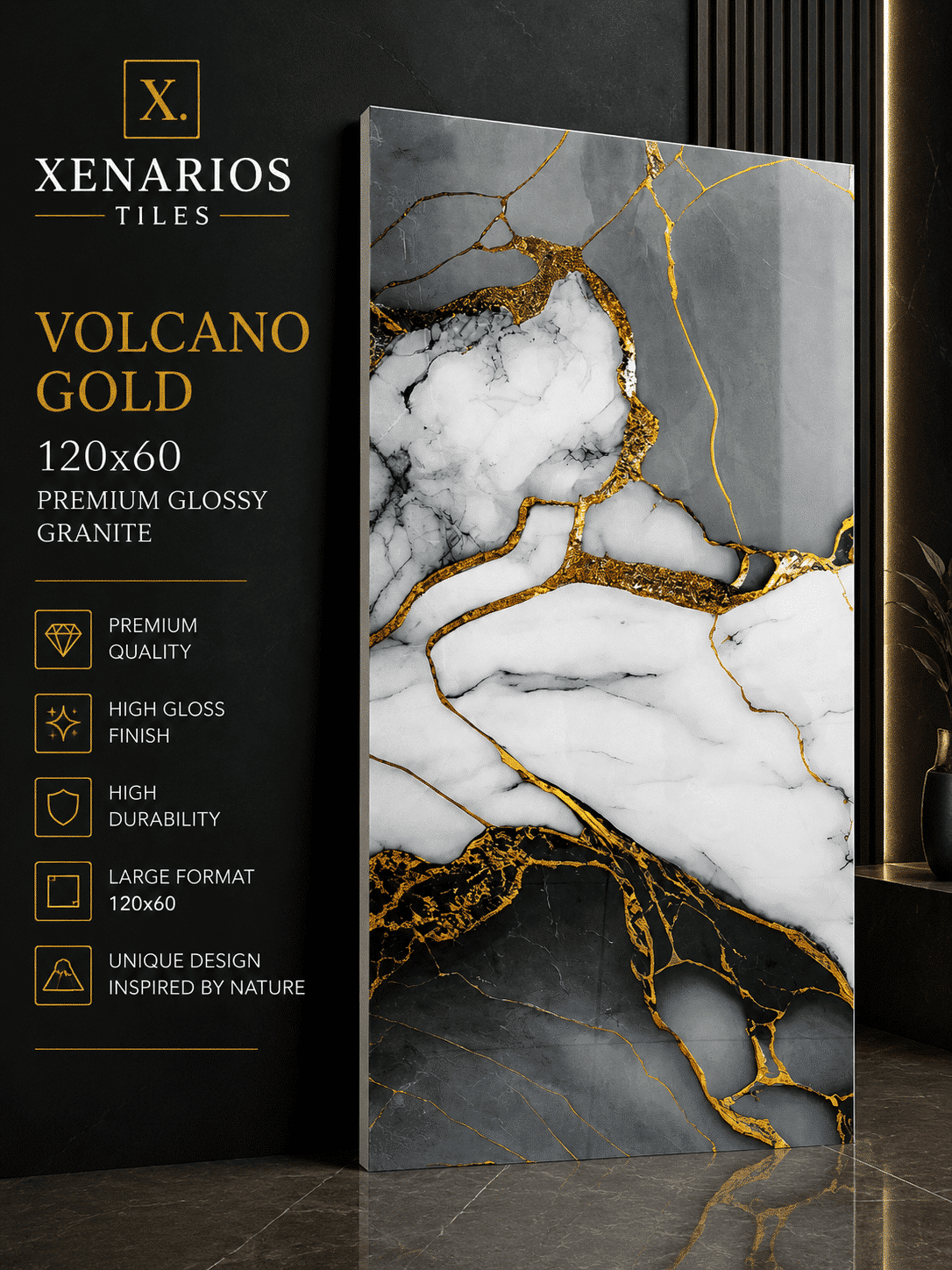 Volcano Gold 60×120 High Gloss Rettificato Γρανιτοπλακάκι Α’ποιότητας Δαπέδου PPSX
